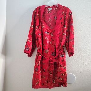 Delta Burke Red Floral Satin Robe & Slip Set Lace Trim (XL Estimate)